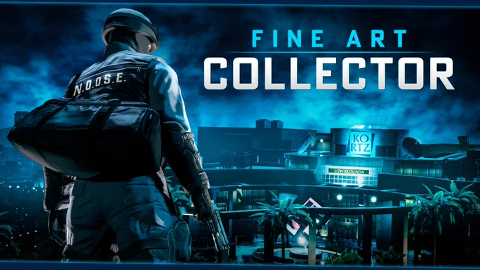 Fine Art Collector poster with a GTA Online character in a NOOSE outfit looking toward the Kortz Center. 