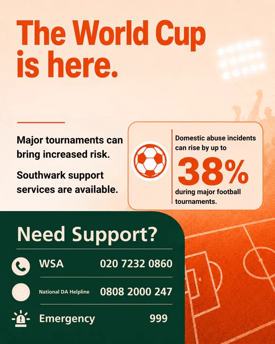 Poster stating domestic abuse can rise by 38% during football tournaments, with Southwark and national support numbers.