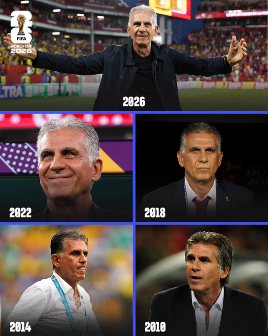 A graphic with photos of Carlos Queiroz from 2026, 2022, 2018, 2014 and 2010.