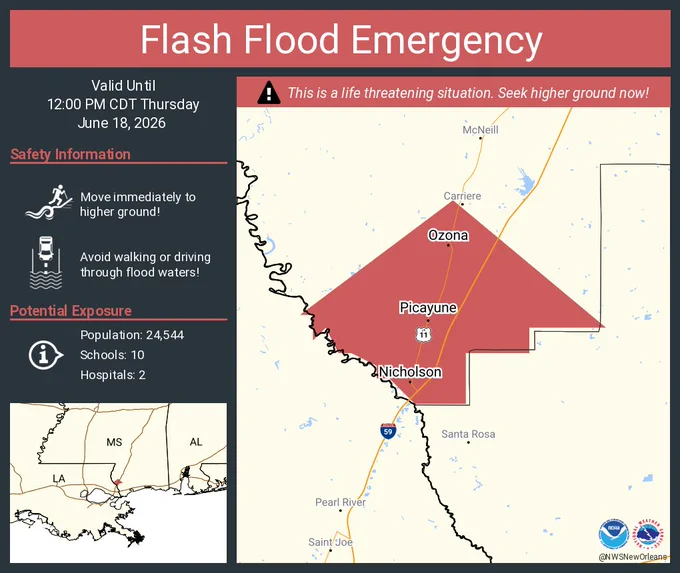This graphic displays a flash flood emergency plotted on a map. The warning is in effect until 12:00 PM CDT. The warning includes Picayune MS, Nicholson MS and Ozona MS.  This warning is for South Central Pearl River County in southern Mississippi. Avoid walking or driving through flood waters! Move immediately to higher ground! There are 24,544 people in the warning along with 10 schools and 2 hospitals.