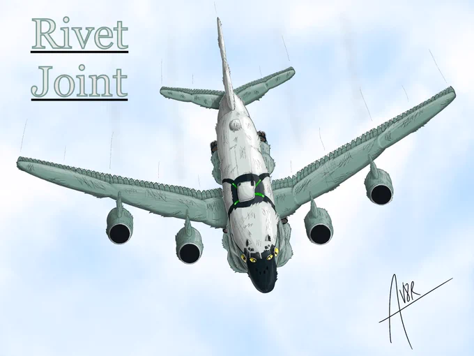 An RC-135 Rivet Joint Aerothian flying above a cloud layer. He is wearing a livery similar to a USAF airframe, and a harness with a transmitter to send SIGINT and EWAR data to another aircraft or site for decryption. He has yellow eyes, a black nose, and USAF grey-colored fuselage and wings