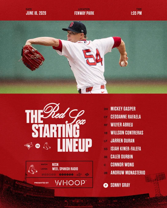 TEXT: Red Sox June 18, 2026 lineup versus Toronto Blue Jays at Fenway Park: Gasper DH, Rafaela CF, Abreu RF, Contreras 1B, Duran LF, Kiner-Falefa SS, Durbin 3B, Wong C, Monasterio 2B, Gray P.

Watch live on NESN and listen in WEEI and Spanish Radio. First pitch set for 1:35pm 

IMAGE: Sonny Gray pitching on the hill at Fenway Park. He's wearing the team's home white uniforms and has on a red glove.