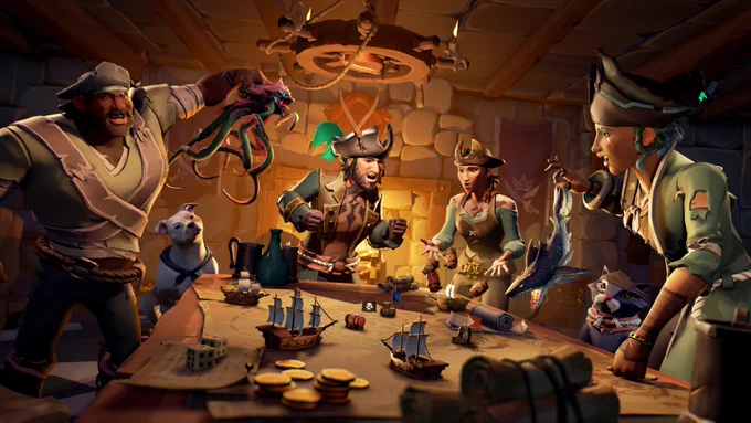 A group of pirates stand around a table with a map on it talking excitedly. Some of them handle miniature versions of creatures, including a Kraken and a Megalodon, as if they're about to drop them onto the map.