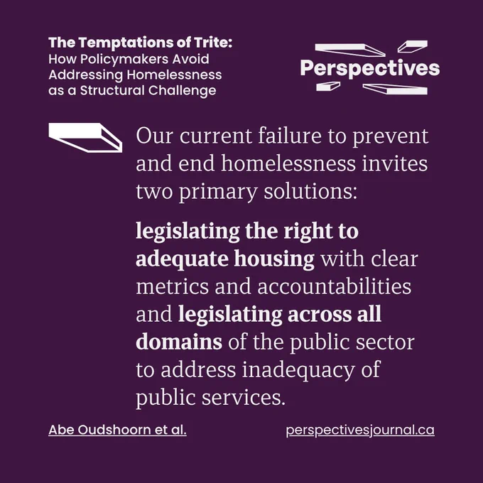 White text set on deep violet background. In the top right, an article title reads "The Temptations of Trite: How Policymakers Avoid Addressing Homelessness as a Structural Challenge'; to its left appears the perspectives journal logo. In the middle of the graphic, a quote reads "Our current failure to prevent and end homelessness invites two primary solutions: legislating the right to adequate housing with clear metrics and accountabilities and legislating across all domains of the public sector to address inadequacy of public services." The quote is attributed to Abe Oudshoorn et al and given the hyperlink perspectivesjournal.ca